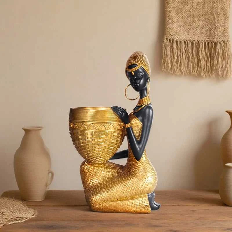 Akia African Girl Resin Sculpture - Decorative Storage Plate Ornament 14:200006151#BF0418 Decorative Sculpture
