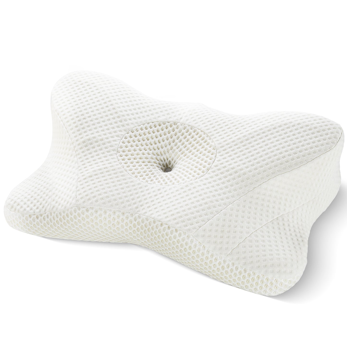 Collo cervical pillow for neck pain in white – ergonomic contour shape with breathable waffle-knit cover and center pressure-relief hole by Essina