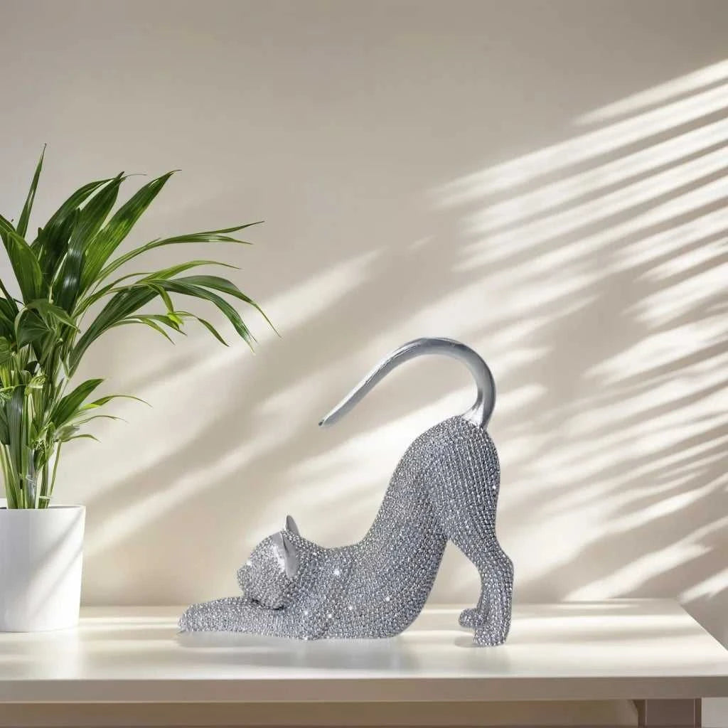 Cat Figurine, Cat Statue for Home Decoration, Resin Lazy Cat Stretching Sculpture, with Sparkling Crystal Desk Ornament, No Electricity Needed, Creative Gift for Cat Lovers, Suitable for Christmas, Halloween, and Birthday Gif 14:350853 sculptures
