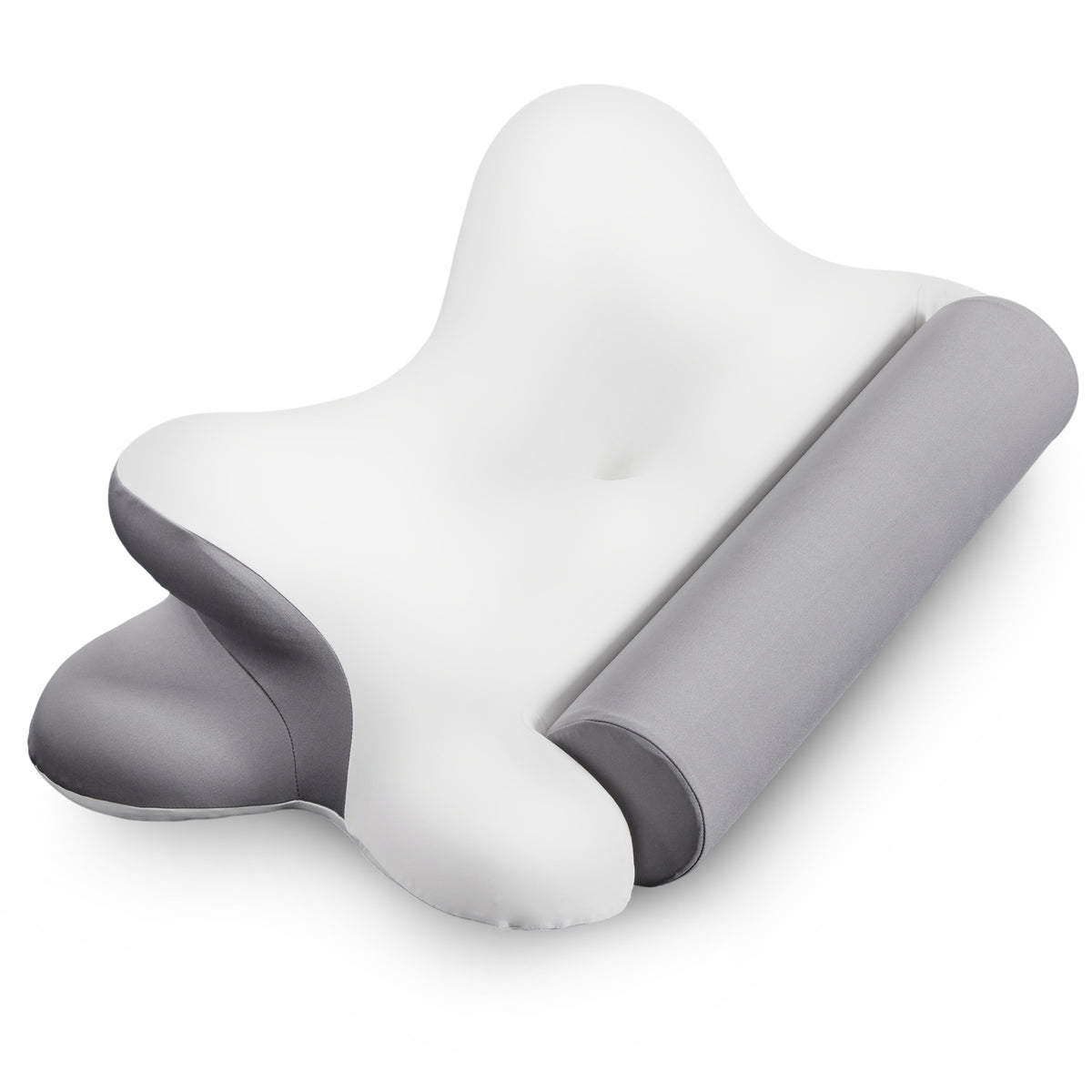Rama contour pillow for side sleepers – grey and white butterfly-shaped cervical memory foam pillow (Z5030-GY), angled view showing ergonomic arm groove design