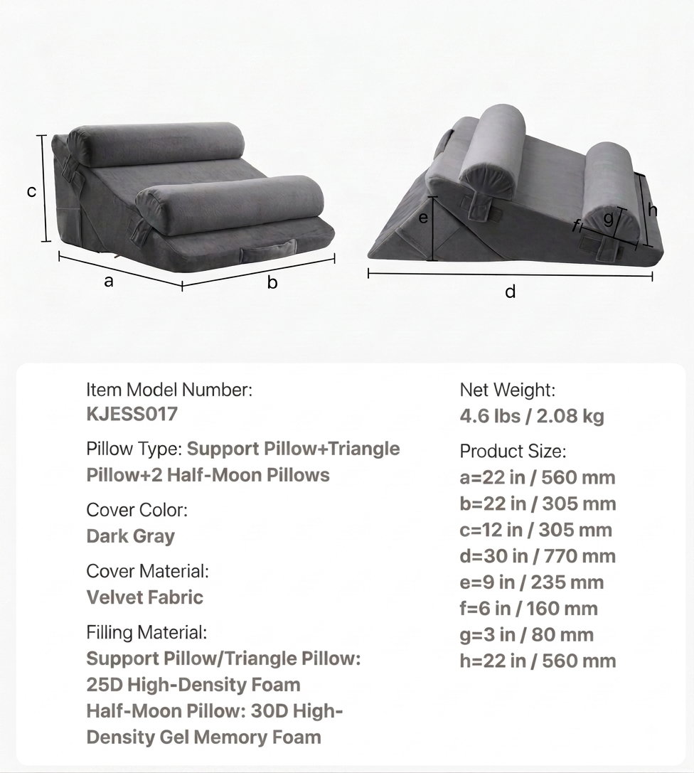 Cosa 4-piece wedge pillow set dimensions and specs – Support Pillow 22x22x12in, Triangle Pillow 30x22in, 2 Half-Moon Bolsters, 25D high-density foam and 30D gel memory foam, dark grey velvet cover, 4.6 lbs