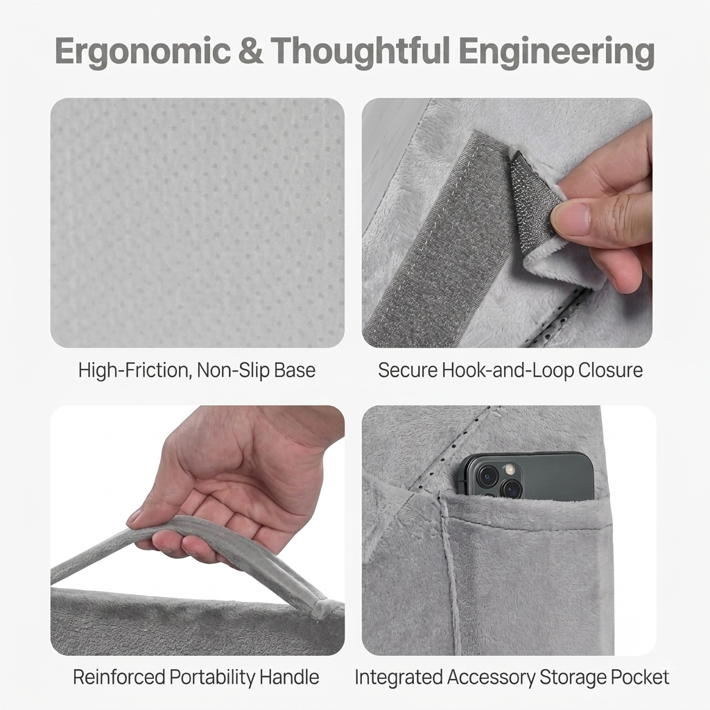 Cosa wedge pillow ergonomic features – non-slip base, hook-and-loop closure, reinforced carry handle, and integrated phone storage pocket
