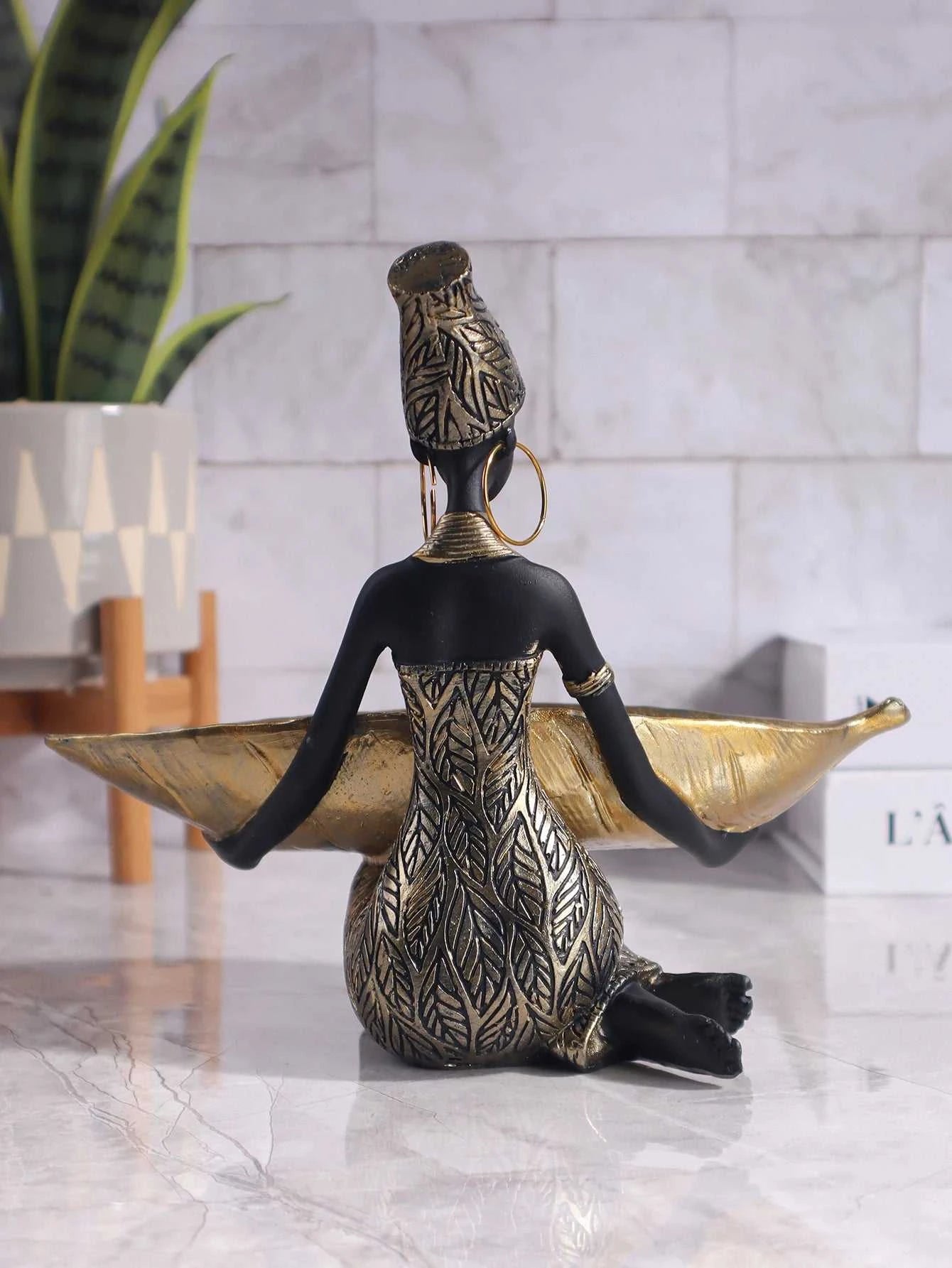 Akia African Girl Resin Sculpture - Decorative Storage Plate Ornament 14:200006151#BF0418 Decorative Sculpture