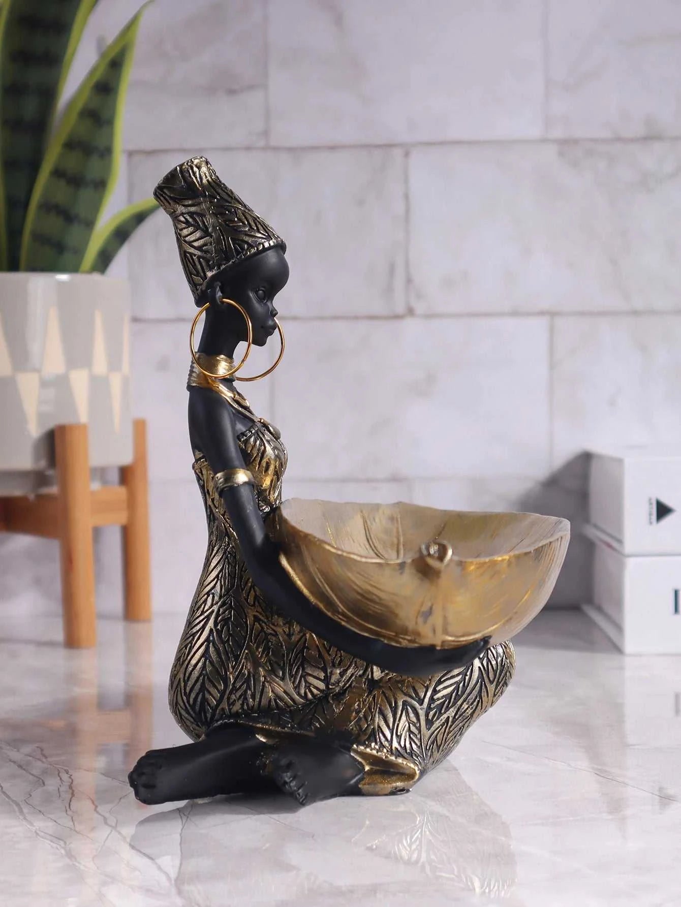 Akia African Girl Resin Sculpture - Decorative Storage Plate Ornament 14:200006151#BF0418 Decorative Sculpture