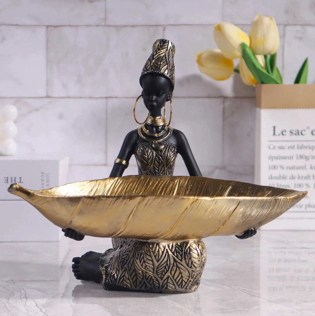 Akia African Girl Resin Sculpture - Decorative Storage Plate Ornament 14:200006151#BF0418 Decorative Sculpture
