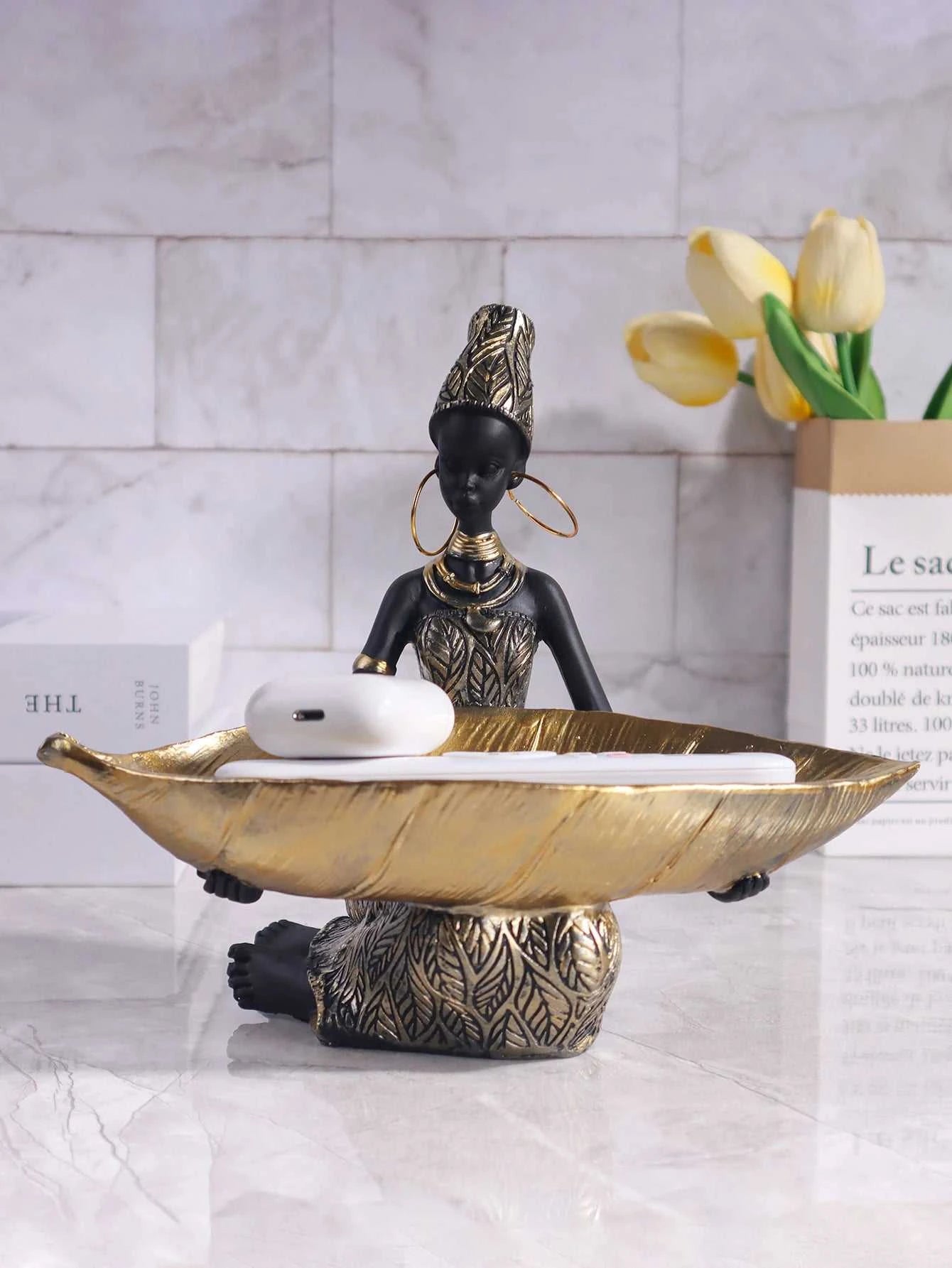 Akia African Girl Resin Sculpture - Decorative Storage Plate Ornament 14:200006151#BF0418 Decorative Sculpture