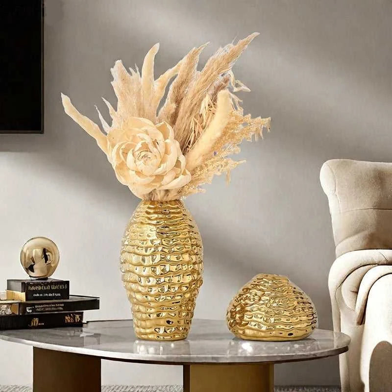 Ana Gold Wrinkle Ceramic Vase - Porcelain Flower Pot Desk Decor 14:29#S vase