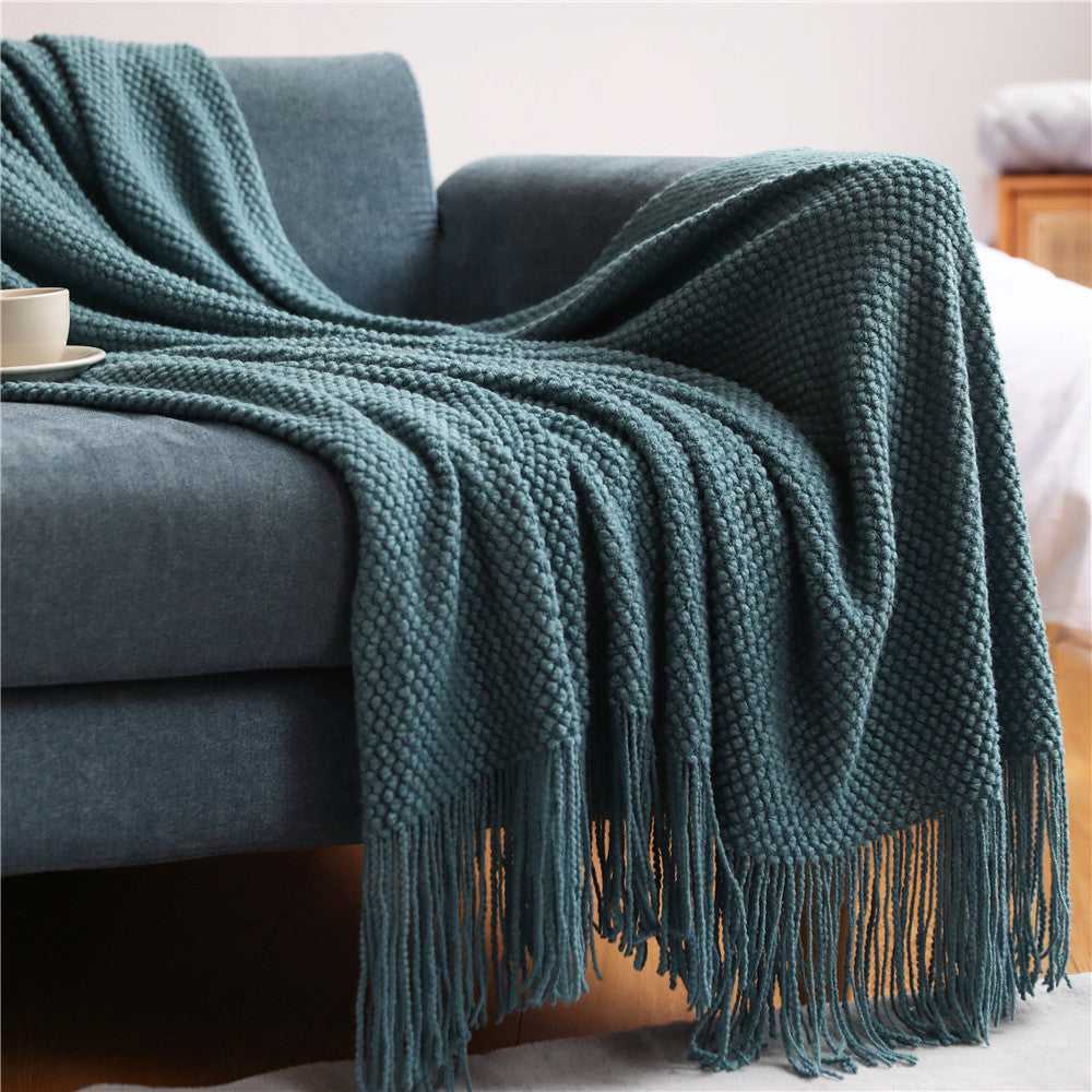 Anas pineapple grid knit throw blanket for couch in Blue with fringe