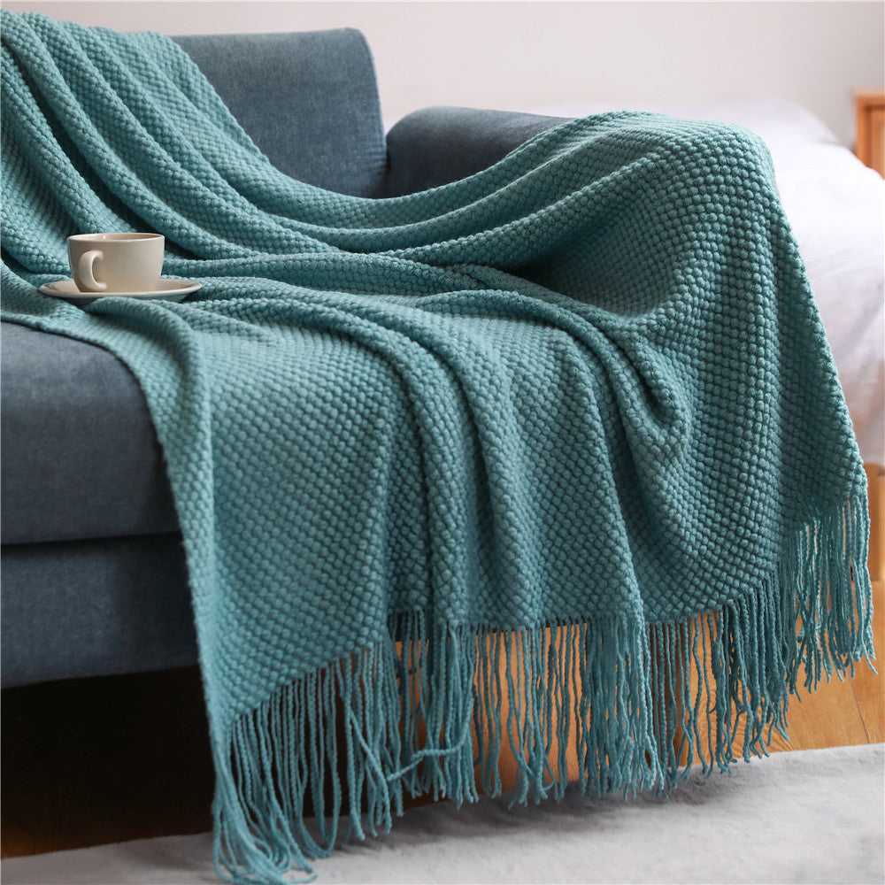 Anas pineapple grid knit throw blanket for couch in Green with fringe 