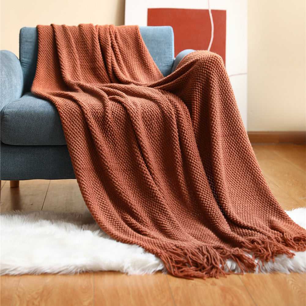 Anas pineapple grid knit throw blanket for couch in Terracotta with fringe