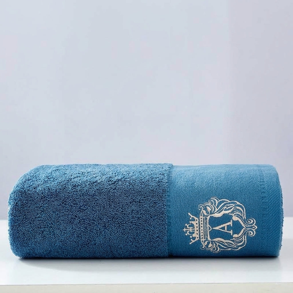 Austin luxury bath towel in blue – high quality embroidered cotton bath towel and hand towel with gold crown motif
