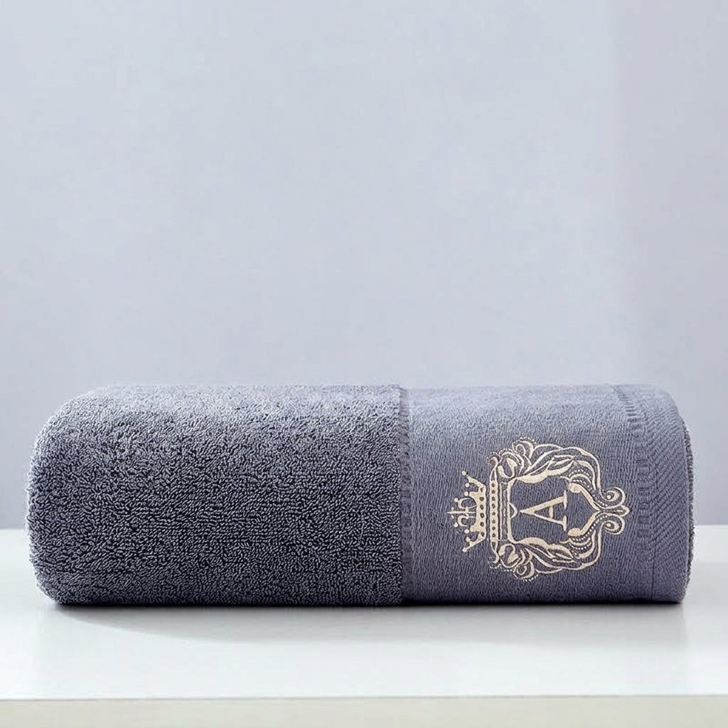 Austin premium cotton bath towel set in grey – embroidered crown design, plush and absorbent luxury bathroom towels
