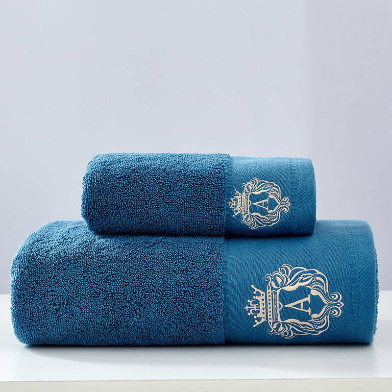 Austin luxury bath towels set in blue – high quality embroidered cotton bath towel and hand towel with gold crown motif
