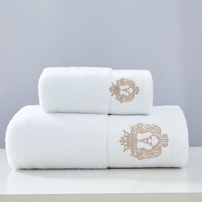 Austin luxury bath towel set in white – soft 100% cotton with elegant embroidered crown crest, hotel-quality bathroom towels

