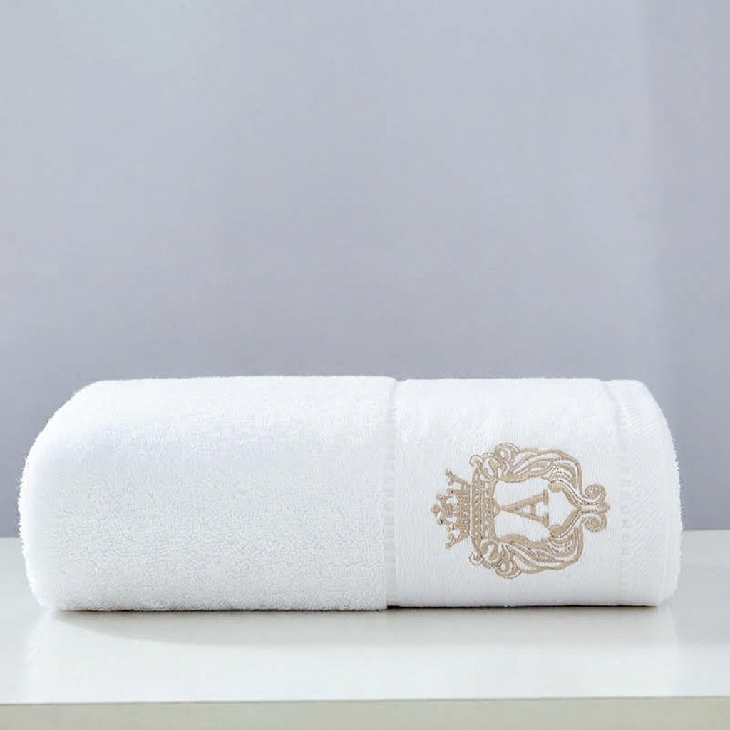 Austin luxury bath towel set in white – soft 100% cotton with elegant embroidered crown crest, hotel-quality bathroom towels
