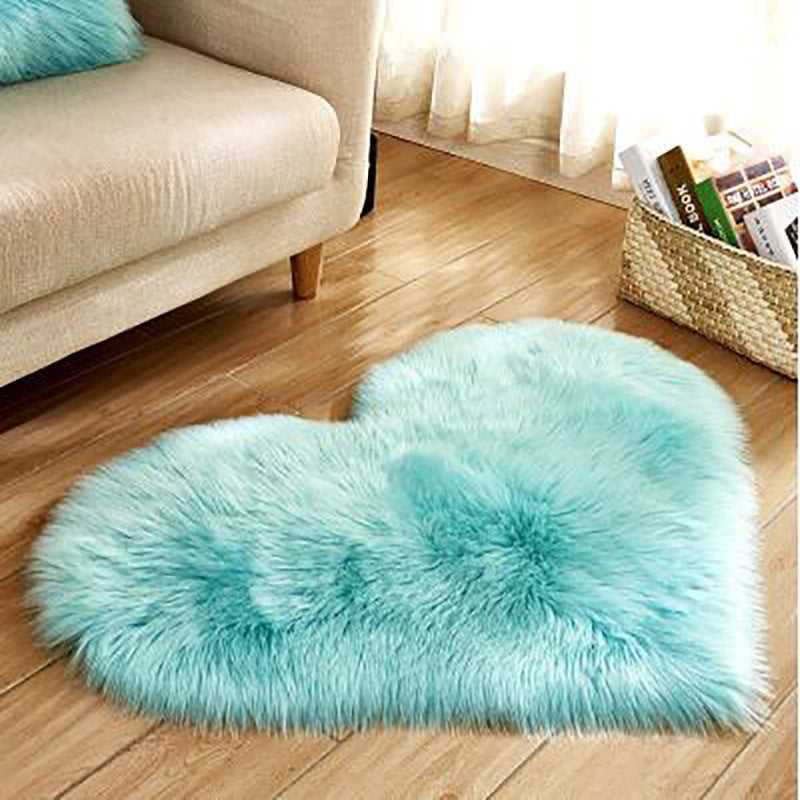 Birino heart shaped fluffy rug in light blue, soft faux sheepskin carpet for bedroom