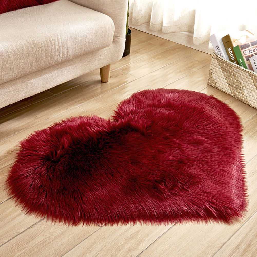 Birino heart shaped faux sheepskin rug in red, shaggy fluffy rug for living room decor