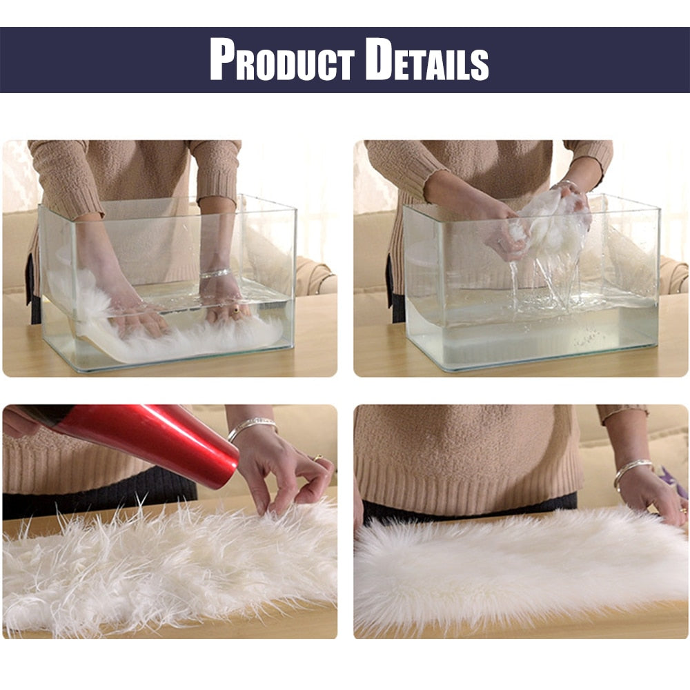 Birino washable faux sheepskin heart shaped rug care guide showing hand wash, rinse, blow dry and flat dry steps