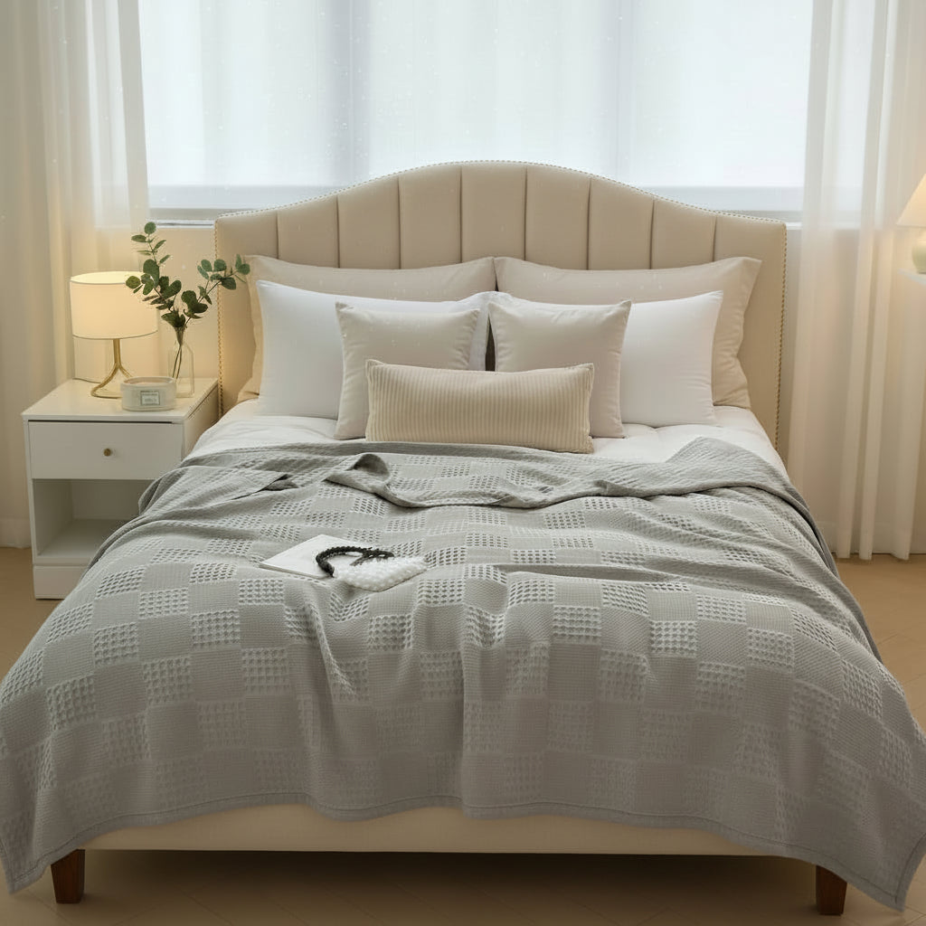 Brezella Cotton Throw Blanket Soft Breathable Waffle Blanket for Twin Queen King Bed Decorative Plaid Sofa Blankets Summer Throws 14:366#Yellow;5:594#200x230cm Blankets & Throws