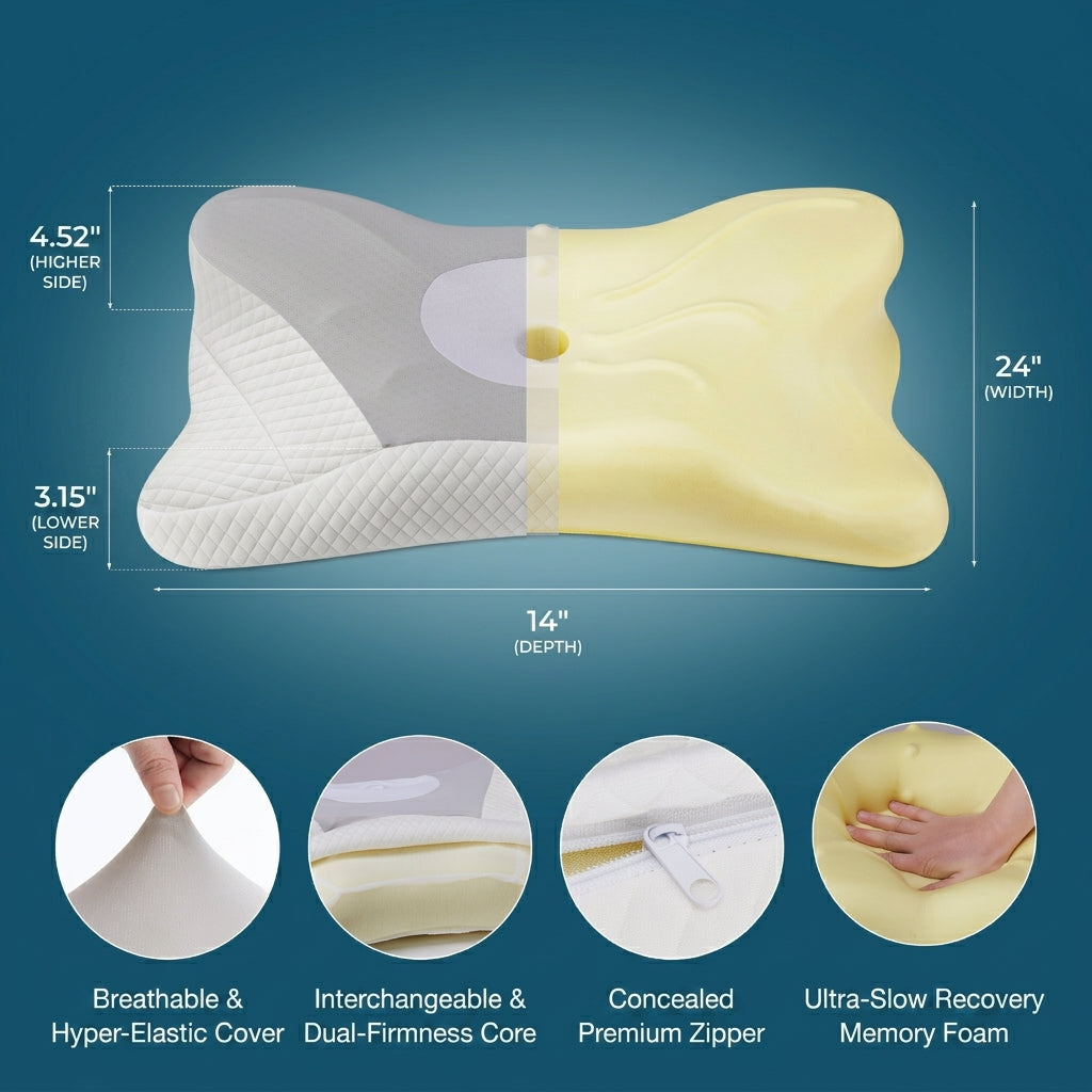 Collo cervical pillow for neck pain – dimensions 24x14 inch, dual-height 4.52 and 3.15 inch, breathable cover, interchangeable dual-firmness memory foam core by Essina