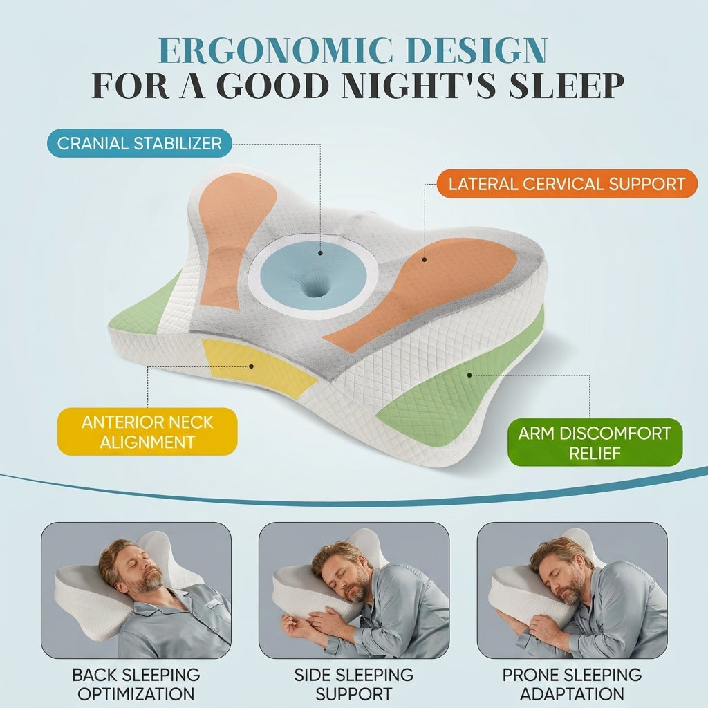 Collo cervical pillow for neck pain – ergonomic design with cranial stabilizer, lateral cervical support, anterior neck alignment, and arm discomfort relief for back, side, and stomach sleepers by Essina