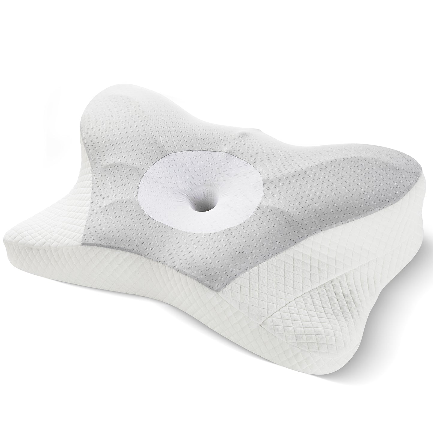 Collo cervical pillow for neck pain in grey – ergonomic contour shape with breathable waffle-knit cover and center pressure-relief hole by Essina

