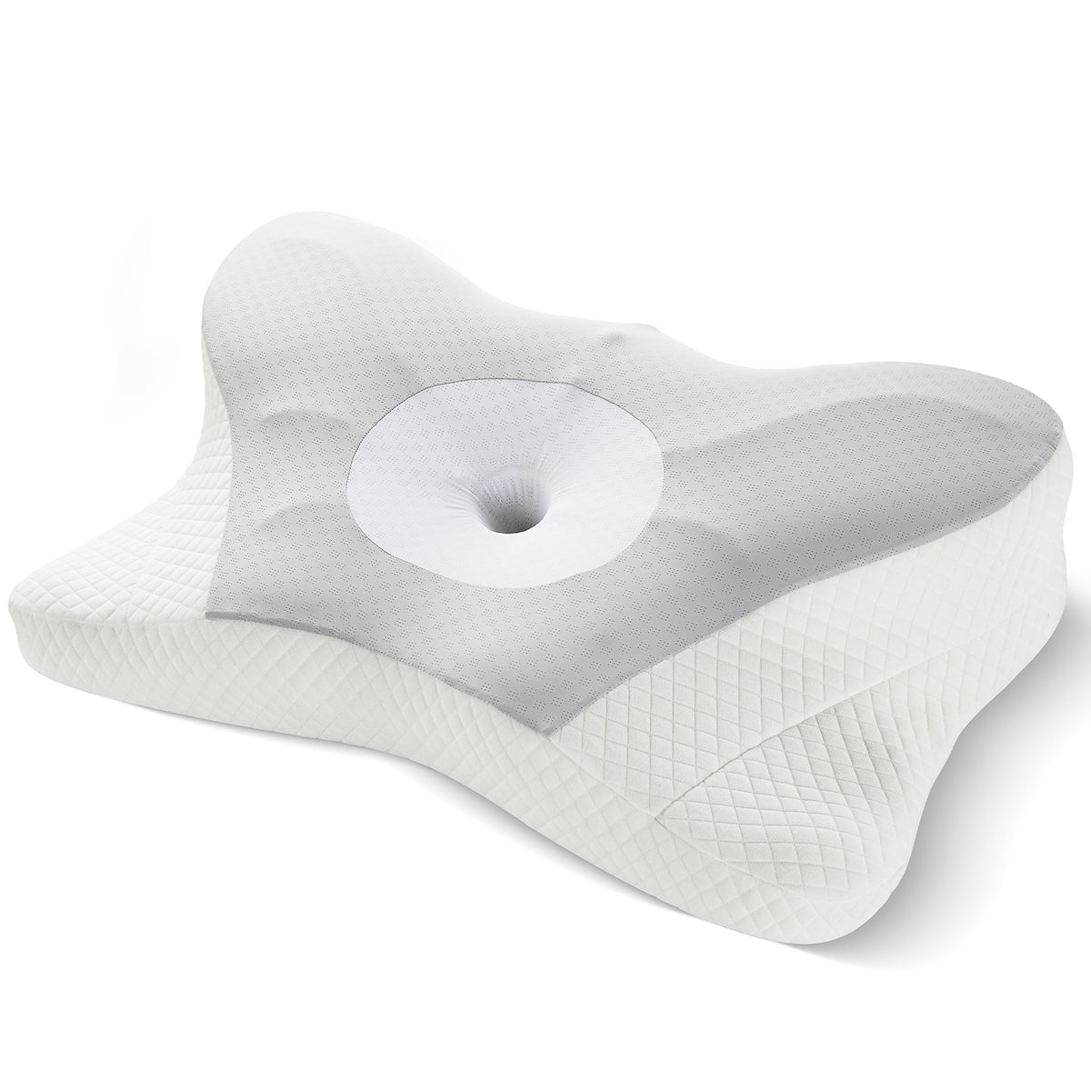 Collo cervical pillow for neck pain in grey – ergonomic contour shape with breathable waffle-knit cover and center pressure-relief hole by Essina

