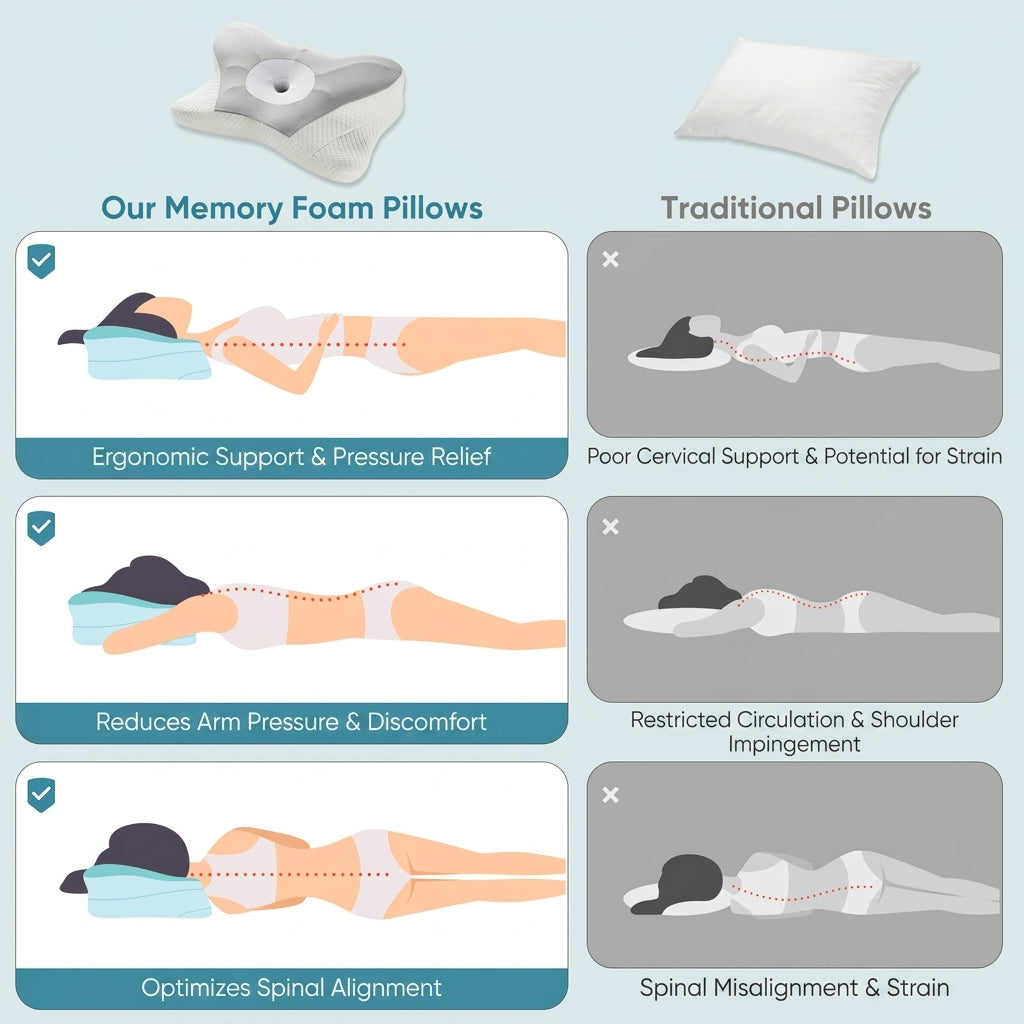Collo memory foam cervical pillow for neck pain vs traditional pillow – ergonomic support, spinal alignment, and reduced arm pressure for side sleepers by Essina