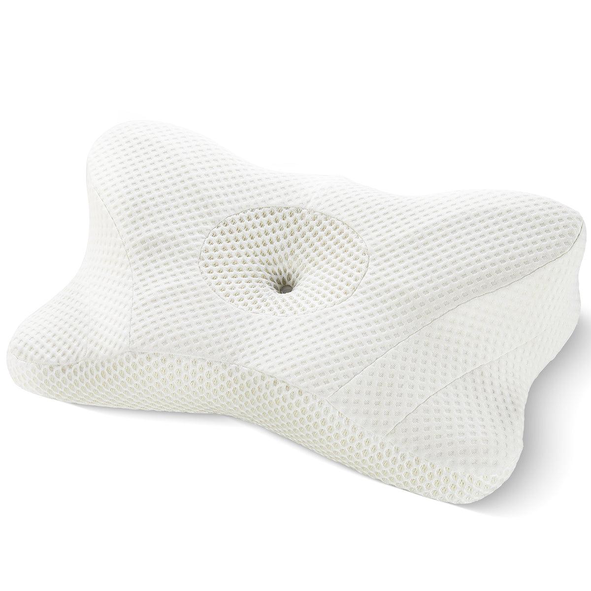Collo cervical pillow for neck pain in white – ergonomic contour shape with breathable waffle-knit cover and center pressure-relief hole by Essina

