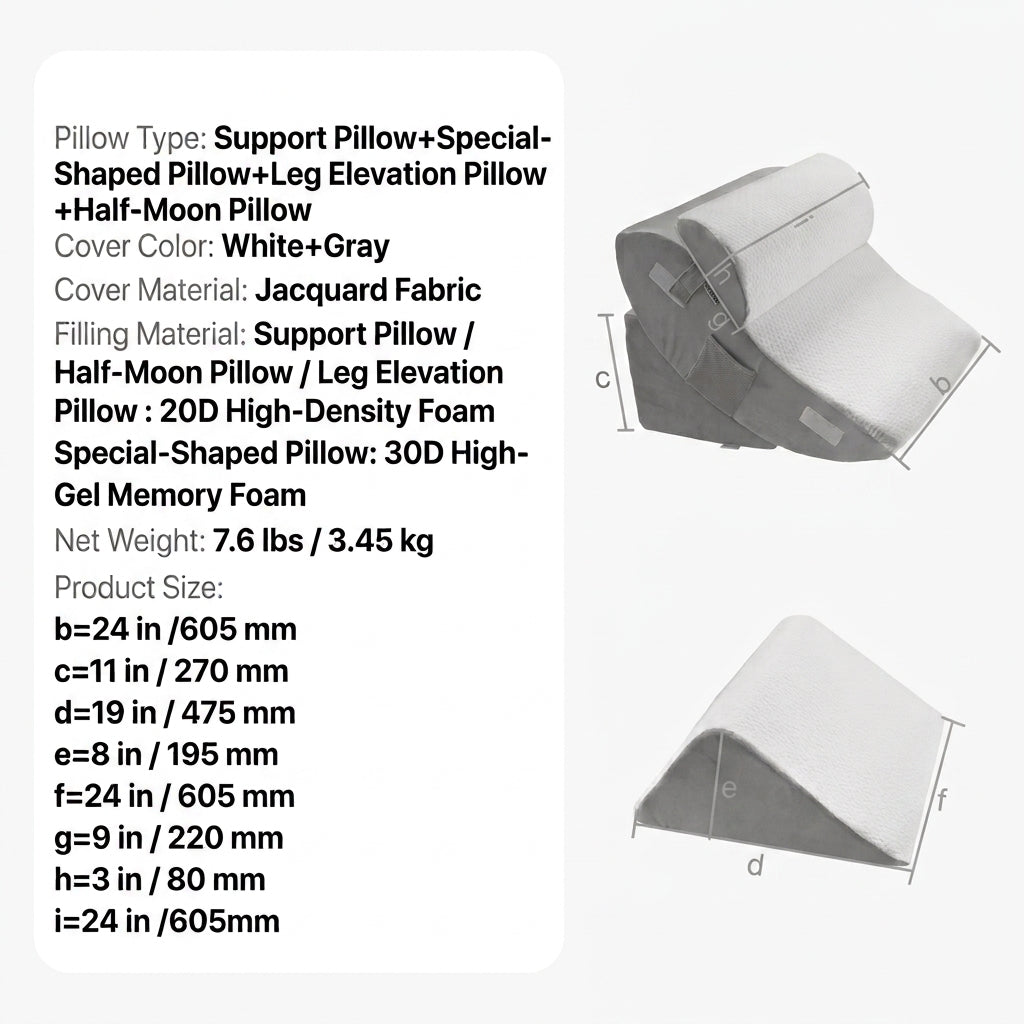 Comodo Bed Wedge Pillow for Acid Reflux and Sleeping Elevation product details with dimensions and weight