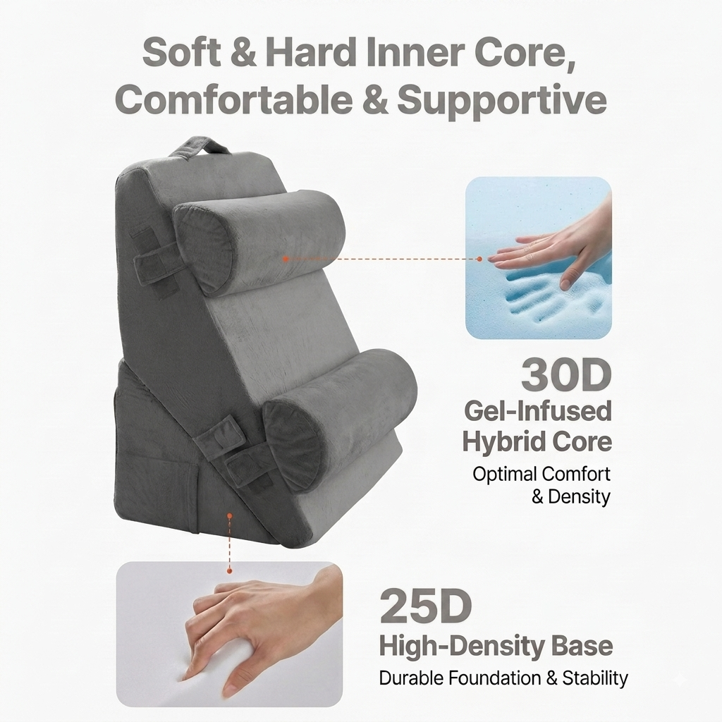 Cosa wedge pillow dual-layer construction showing 30D gel memory foam top layer and 25D high-density foam base for orthopedic support