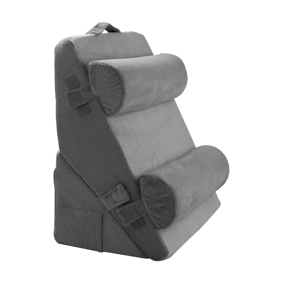 Cosa 4-piece orthopedic bed wedge pillow set in dark grey with two bolster rolls and adjustable straps, front view