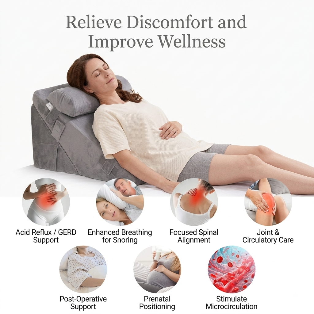 Cosa orthopedic wedge pillow relieving acid reflux, GERD, snoring, back pain, knee swelling, surgery recovery, and improving blood circulation