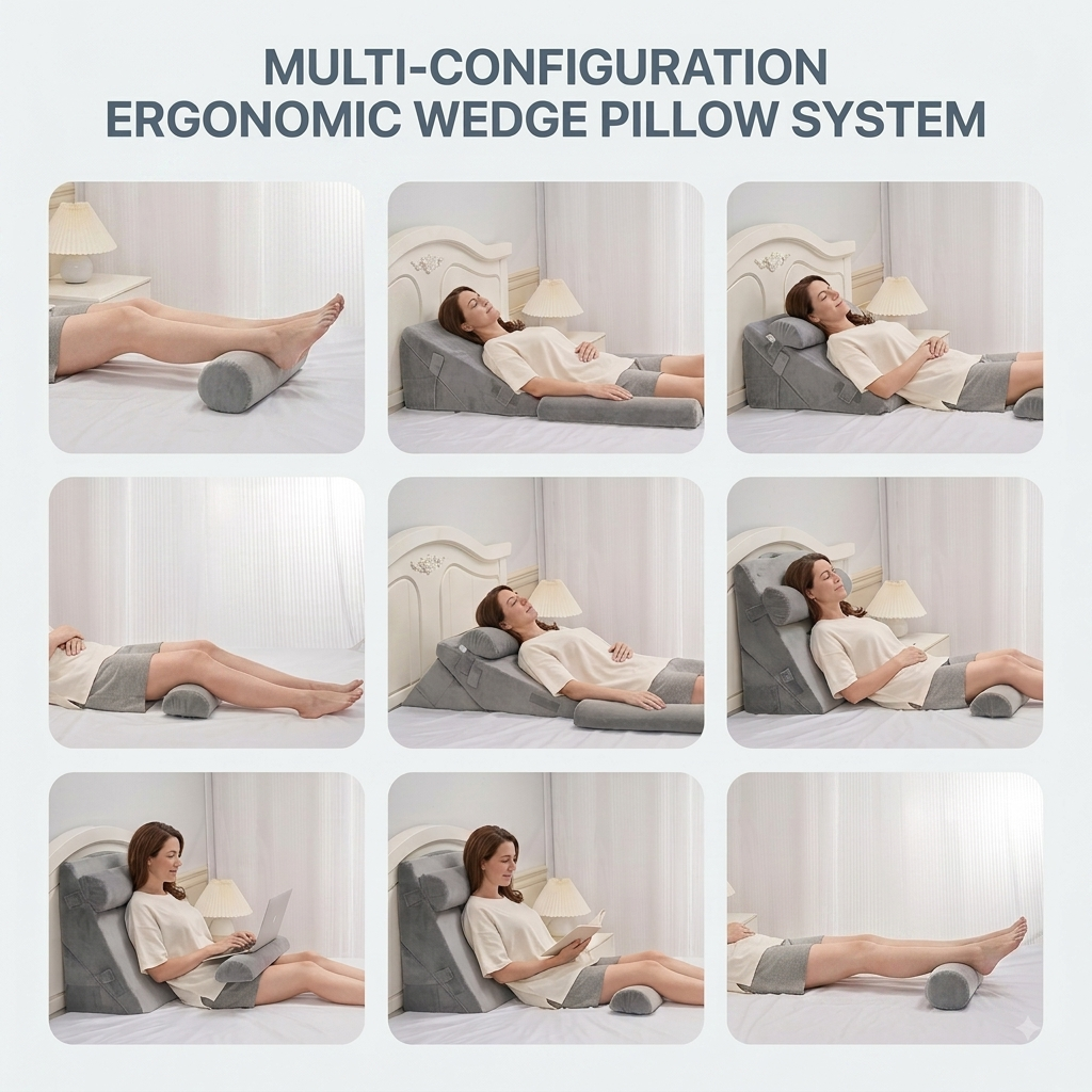 Cosa wedge pillow shown in 7 sleeping and resting positions including back support, leg elevation, and sitting up in bed