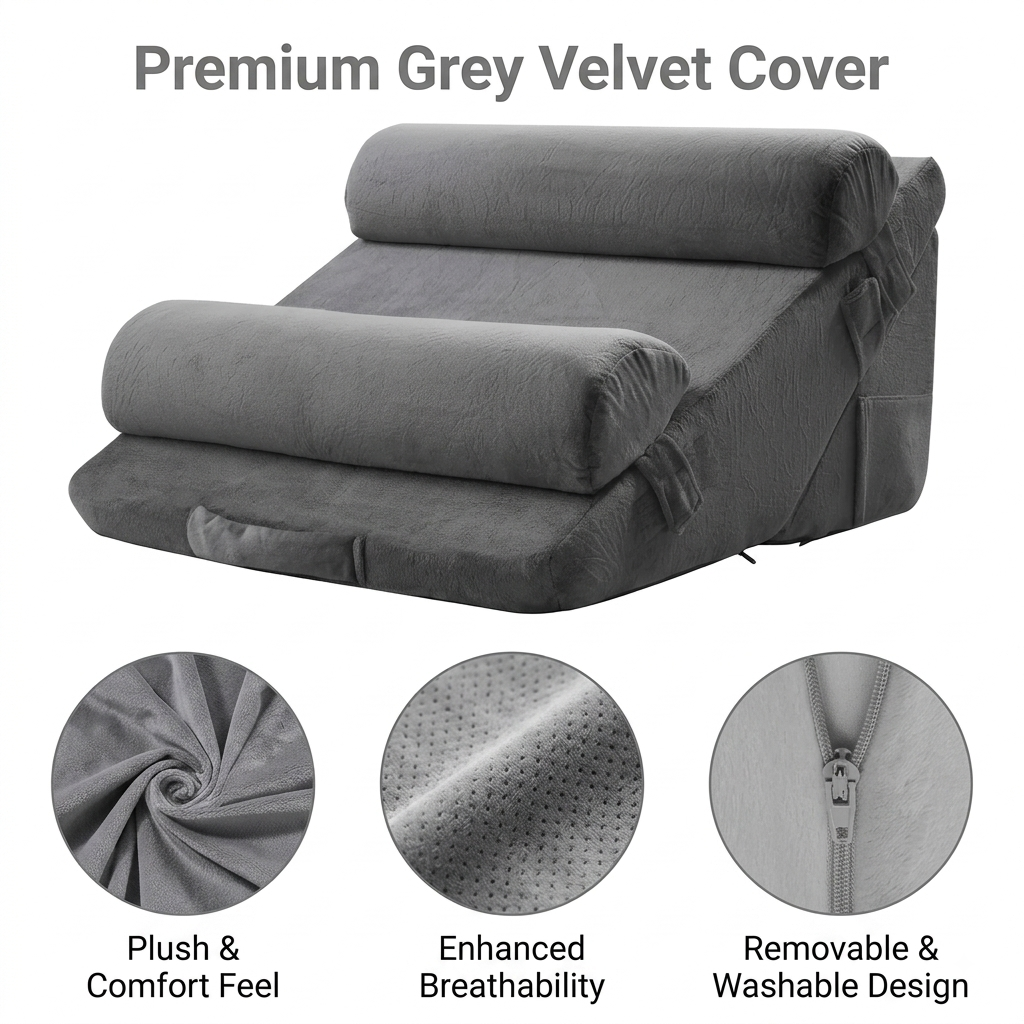 Cosa wedge pillow dark grey velvet cover with zipper design, soft breathable fabric, shown flat with bolster rolls