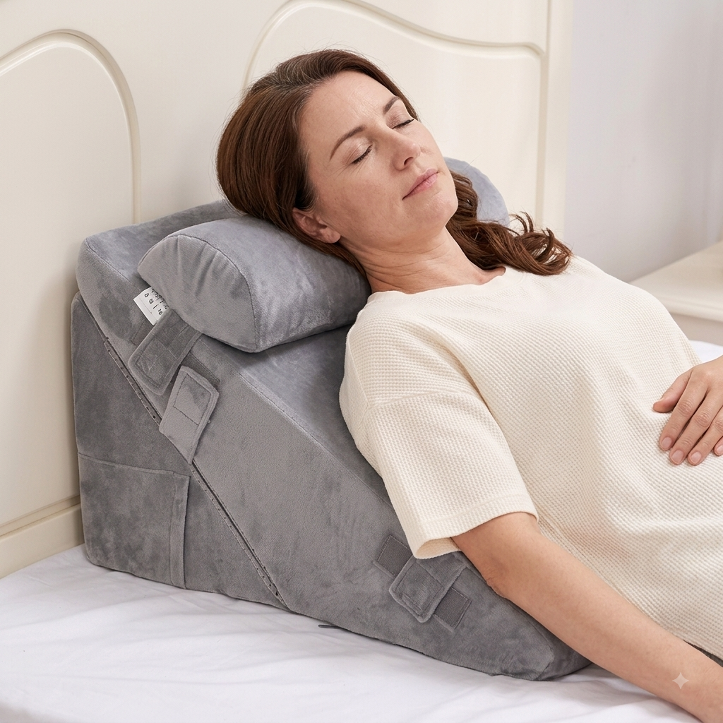 Woman resting comfortably on Cosa orthopedic bed wedge pillow in dark grey for acid reflux and snoring relief, inclined sleeping position