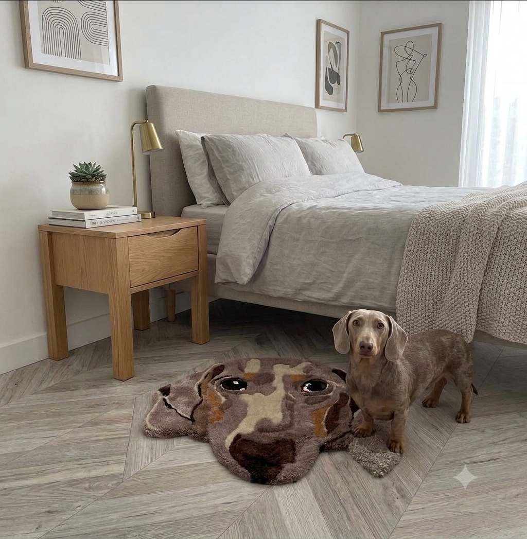 Dachshund shaped decorative rug in a neutral bedroom setting with a real Dachshund dog