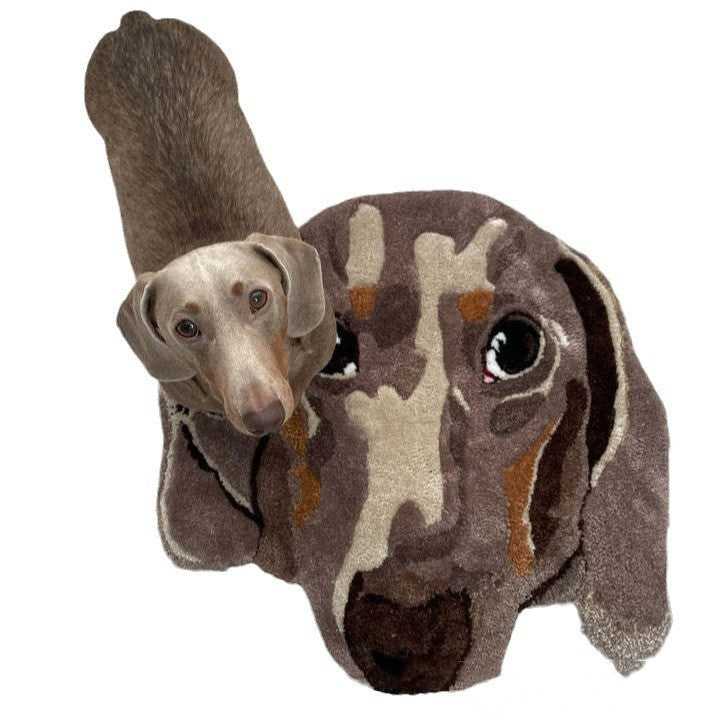 Dachshund shaped animal print rug product shot with real Dachshund dog on white background