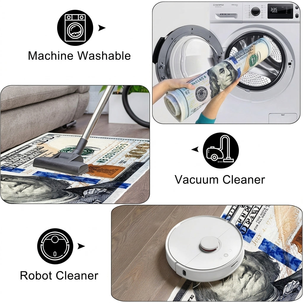 Don 100 Dollar Bill Rug – Machine Washable, Vacuum & Robot Cleaner Friendly