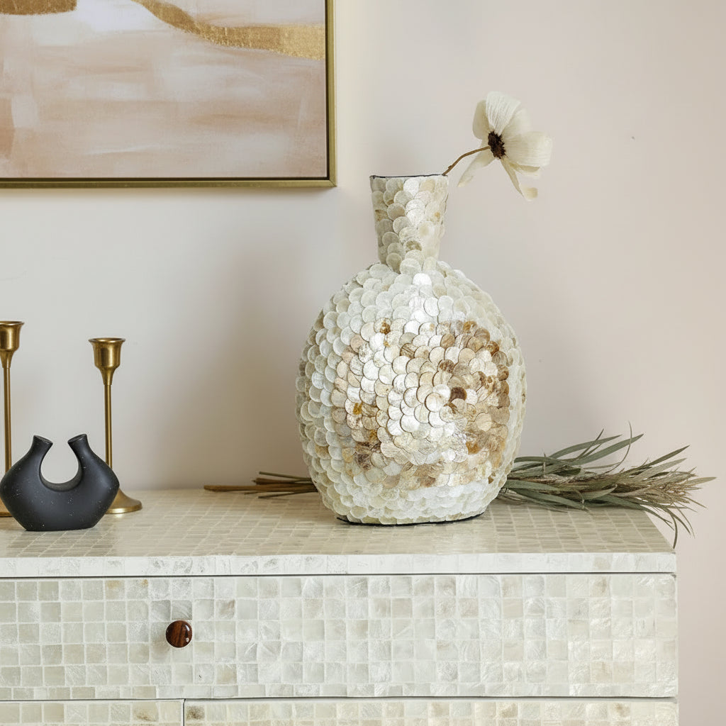 French Gold Shell Vase Maccy — lifestyle styling, modern living room tabletop decor