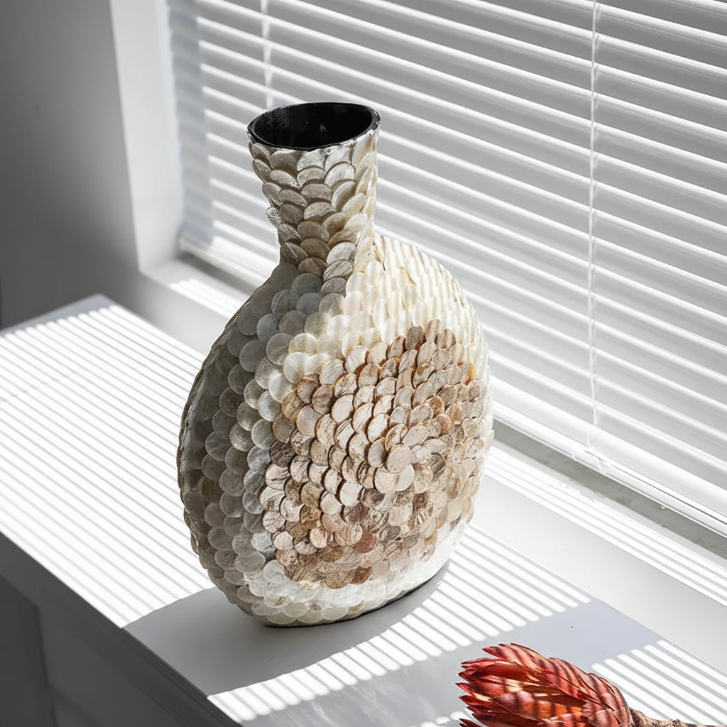French Gold Shell Vase Maccy — lifestyle styling, modern living room tabletop decor