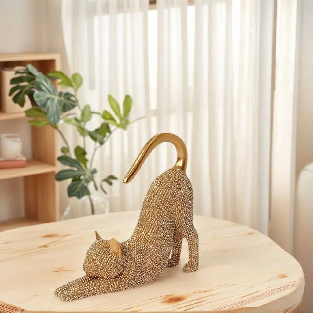 Cat Figurine, Cat Statue for Home Decoration, Resin Lazy Cat Stretching Sculpture, with Sparkling Crystal Desk Ornament, No Electricity Needed, Creative Gift for Cat Lovers, Suitable for Christmas, Halloween, and Birthday Gif 14:350853 sculptures