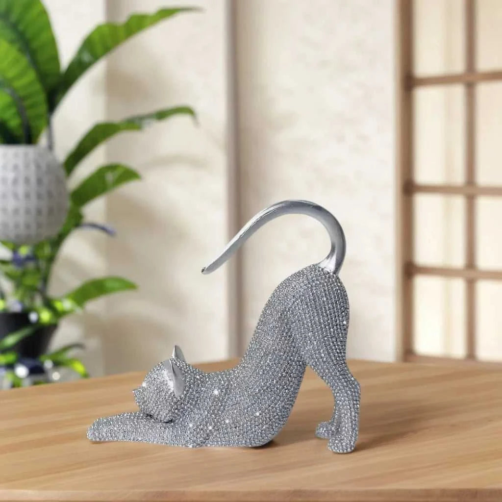 Cat Figurine, Cat Statue for Home Decoration, Resin Lazy Cat Stretching Sculpture, with Sparkling Crystal Desk Ornament, No Electricity Needed, Creative Gift for Cat Lovers, Suitable for Christmas, Halloween, and Birthday Gif 14:350853 sculptures