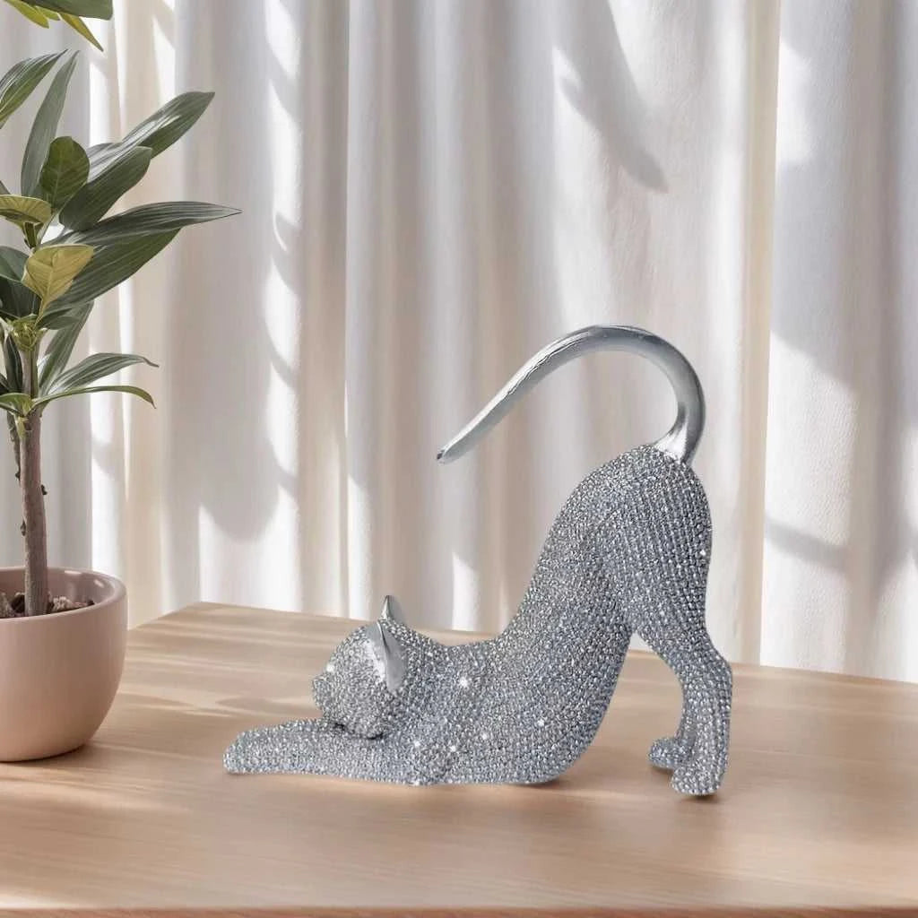 Cat Figurine, Cat Statue for Home Decoration, Resin Lazy Cat Stretching Sculpture, with Sparkling Crystal Desk Ornament, No Electricity Needed, Creative Gift for Cat Lovers, Suitable for Christmas, Halloween, and Birthday Gif 14:350853 sculptures