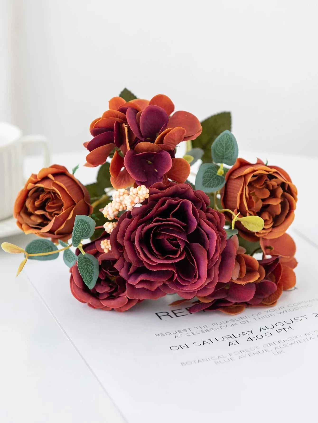 Geno Retro Silk Rose Bouquet - Artificial Hydrangea Peony Wedding Flowers 14:10#Red Artificial Flowers