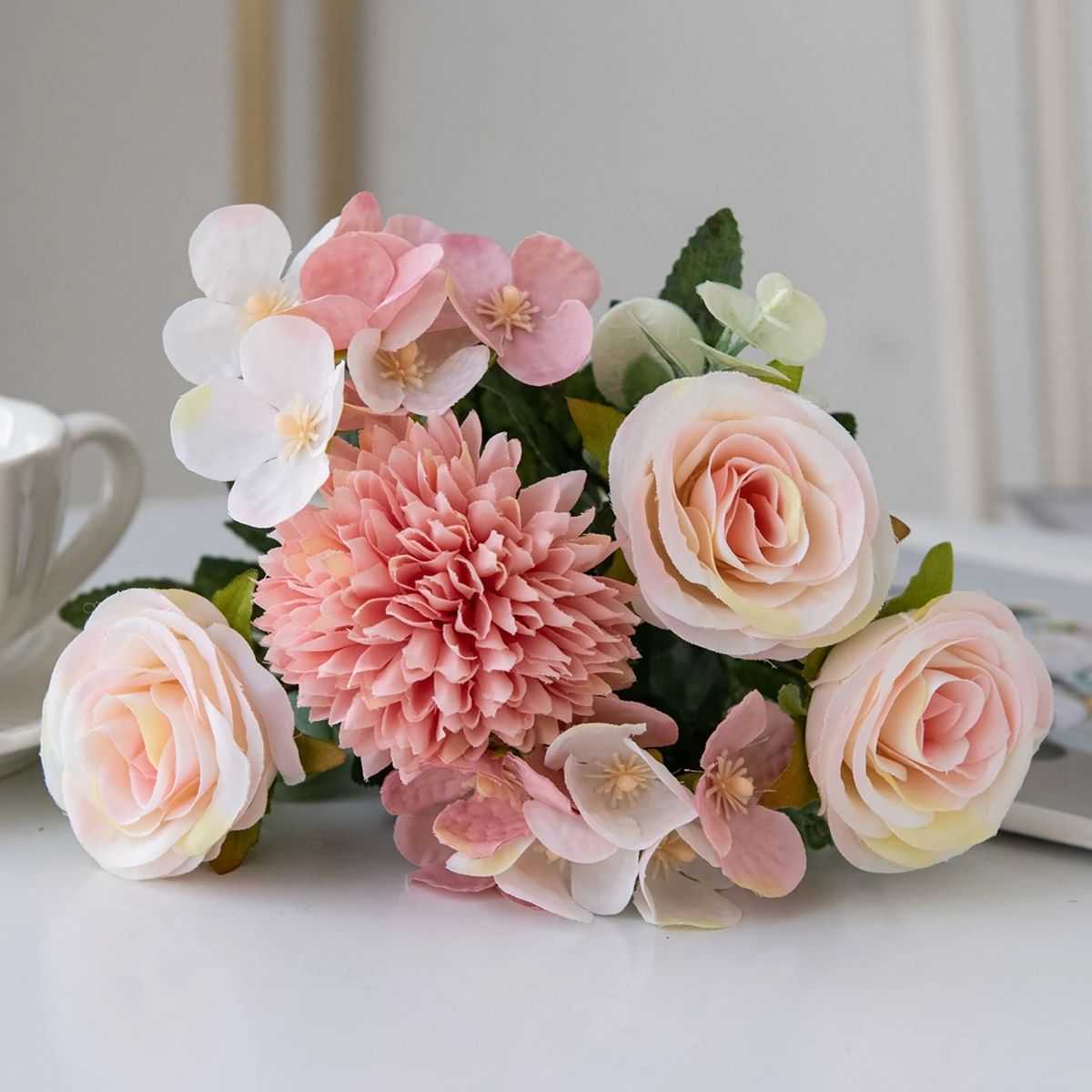 Geno Retro Silk Rose Bouquet - Artificial Hydrangea Peony Wedding Flowers 14:10#Red Artificial Flowers