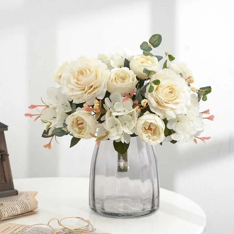 Geno Retro Silk Rose Bouquet - Artificial Hydrangea Peony Wedding Flowers 14:10#Red Artificial Flowers