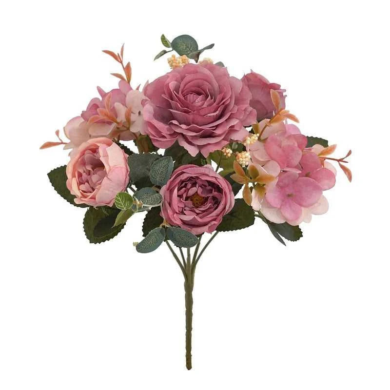 Geno Retro Silk Rose Bouquet - Artificial Hydrangea Peony Wedding Flowers 14:10#Red Artificial Flowers