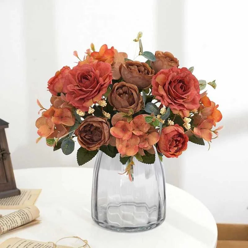 Geno Retro Silk Rose Bouquet - Artificial Hydrangea Peony Wedding Flowers 14:10#Red Artificial Flowers