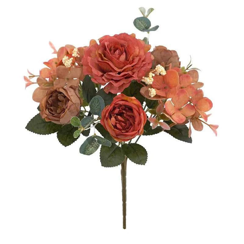 Geno Retro Silk Rose Bouquet - Artificial Hydrangea Peony Wedding Flowers 14:10#Red Artificial Flowers